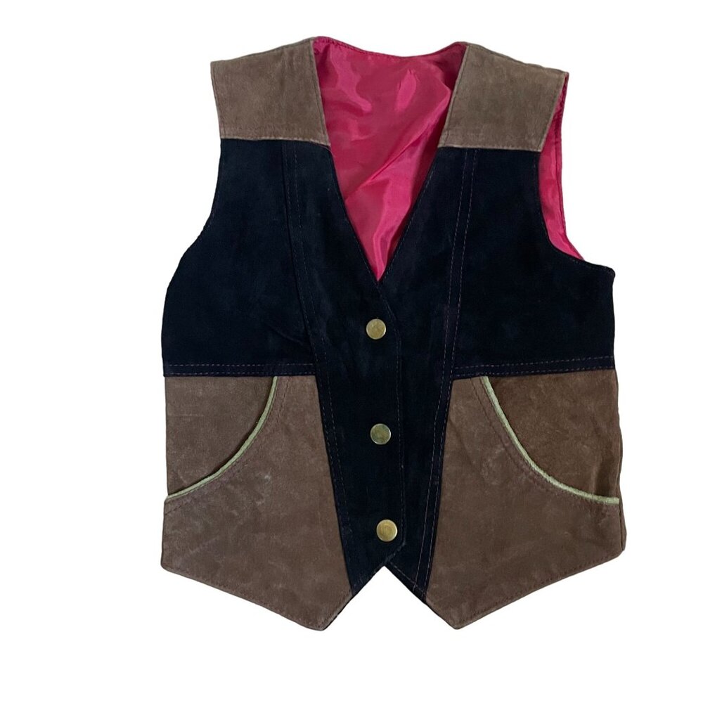 Leather Patchwork Snap Button Front Vest Kids Multicolor 90s 80s Heritage